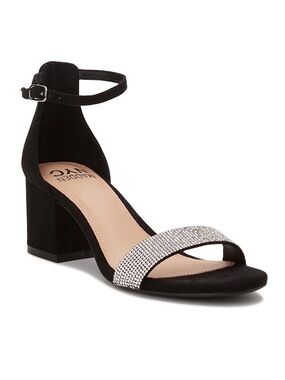 Steve Madden Black Ankle-Strap Block Heel Sandal with Crystal Toe Strap